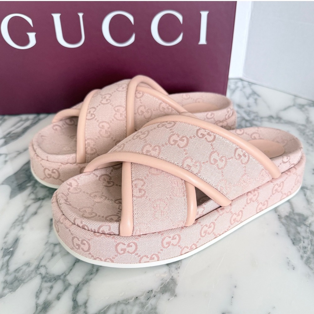 Gucci GG Canvas Platform Slide Sandals Pink Crisscross 816798 FAD9D 6845 Size 39